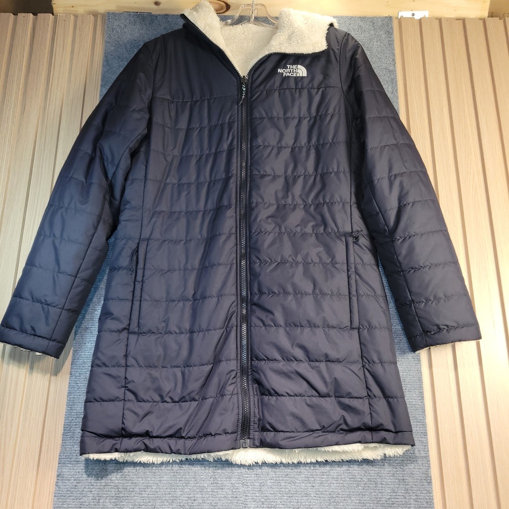 The North Face Reversible Mossbud Parka Women Medium Navy Blue Excellent Puffer